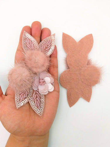 Pink Hand Embroidered Floral Applique, Beaded and Sequins Applique